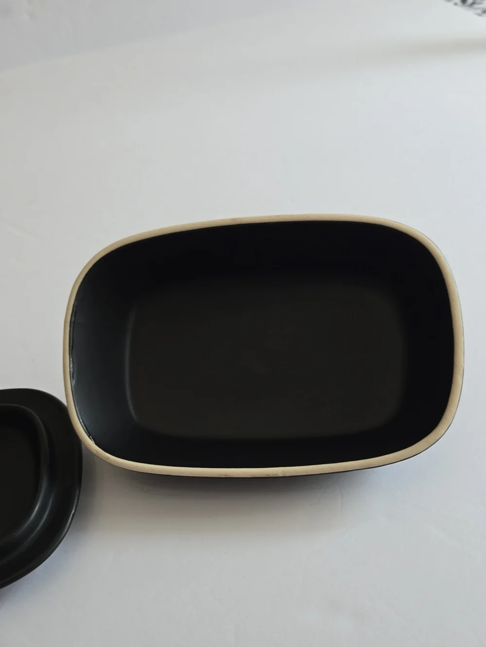 Vintage The Old Pottery Co Large Black Lidded Butter Dish Matte Ceramic